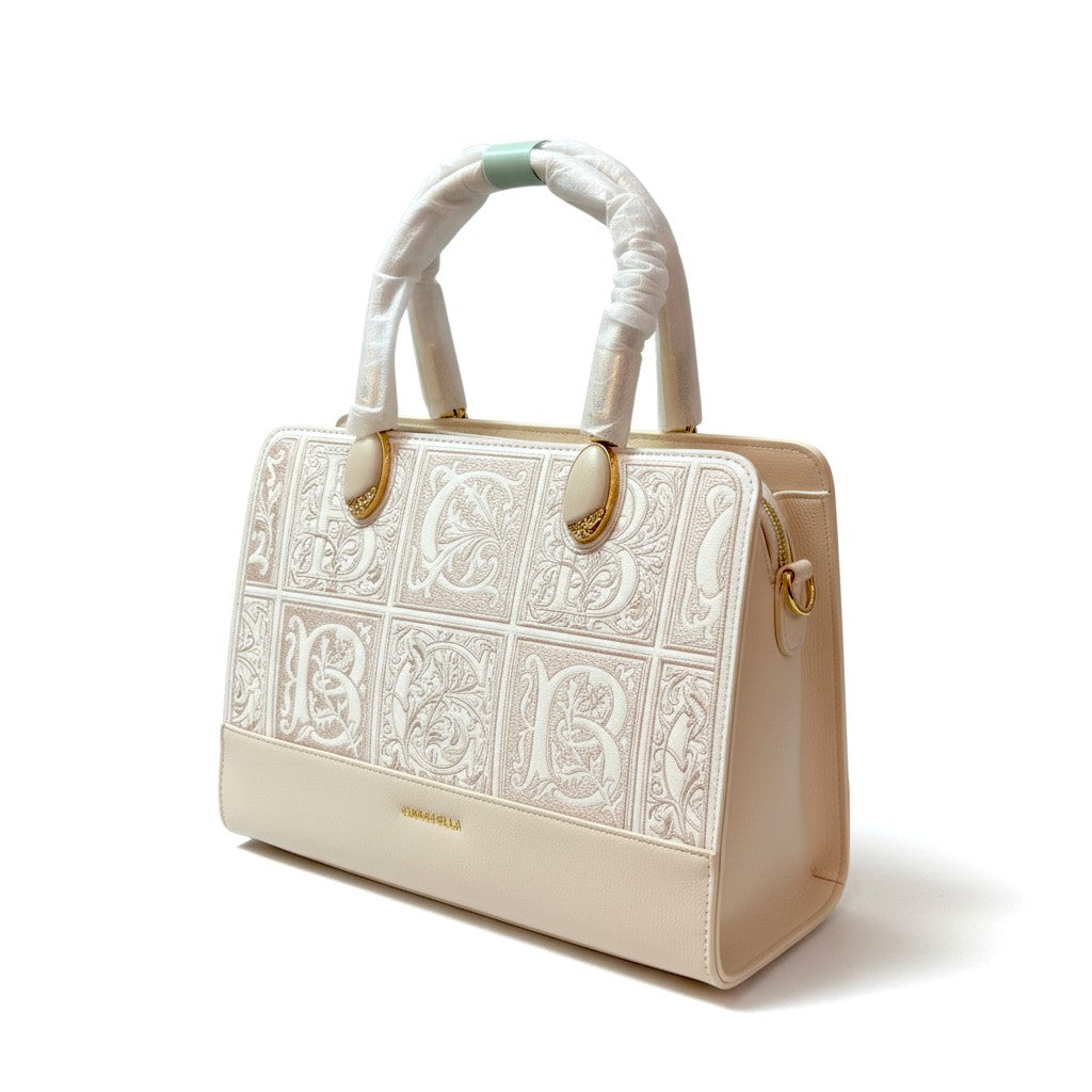 Chrisbella Elegance Embossed Handbag Set – Beige & White