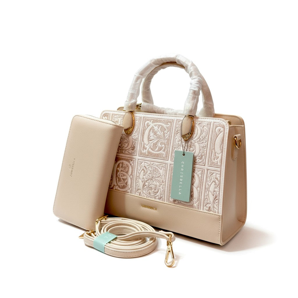 Chrisbella Elegance Embossed Handbag Set – Beige & White